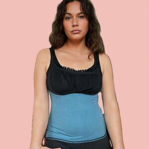 Kollontai Corset Style Tank Top – Frilly Trim, Lace Detail, Teal & Black